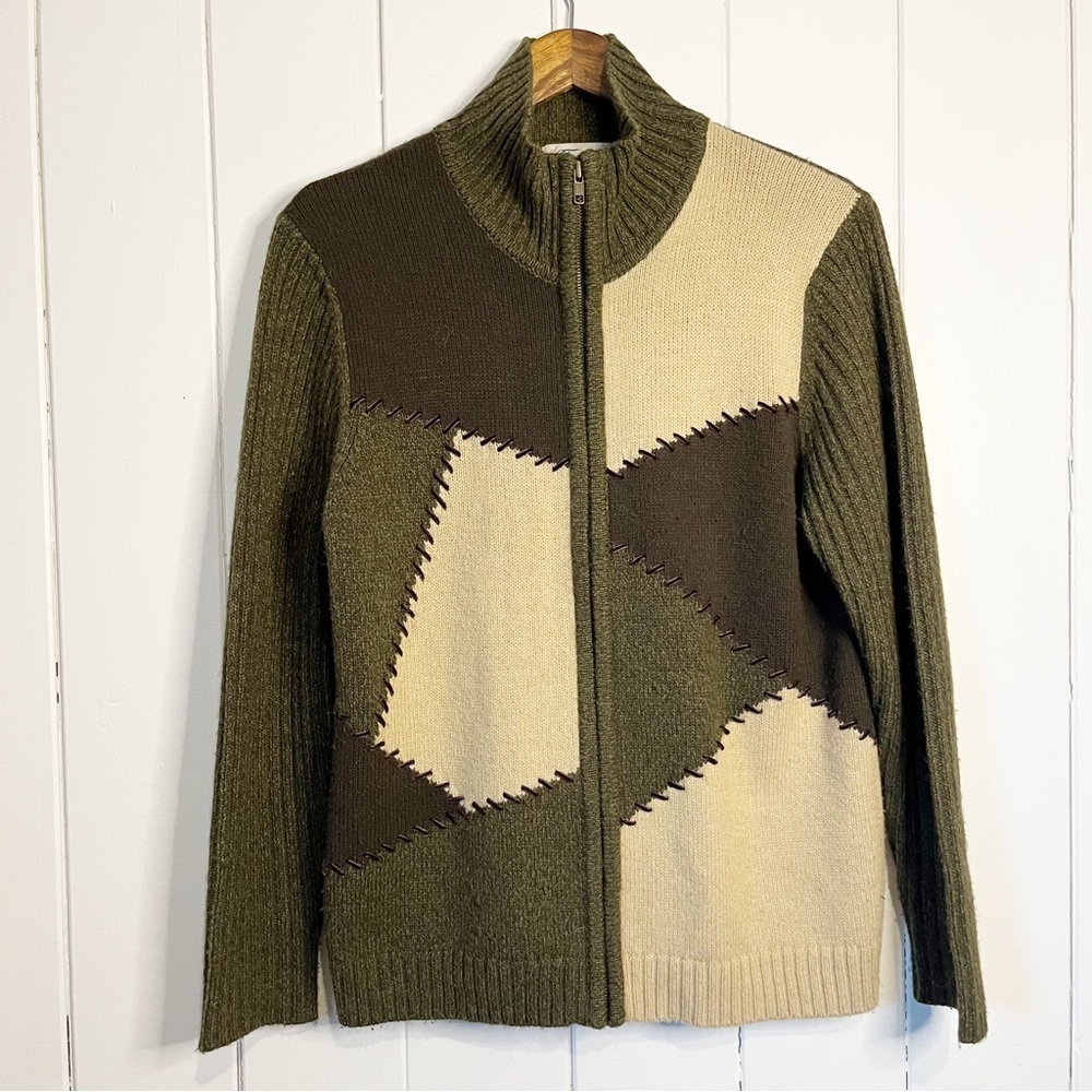 Vintage Tradition Country Collection Green Patchwork Zip Up Sweater. Size Medium